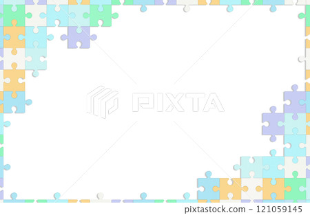 A jigsaw puzzle pattern with pastel colored pieces coming together towards the top left 121059145
