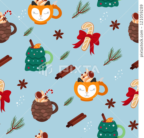 Christmas seamless pattern with cute animals cups with drinks, gingerbread cookies, cinnamon, anise. Cute vector illustration in cartoon style. Christmas seamless pattern with cute animals cups with drinks, gingerbread cookies, cinnamon, anise. Cute vector illustration in cartoon style. 121059289