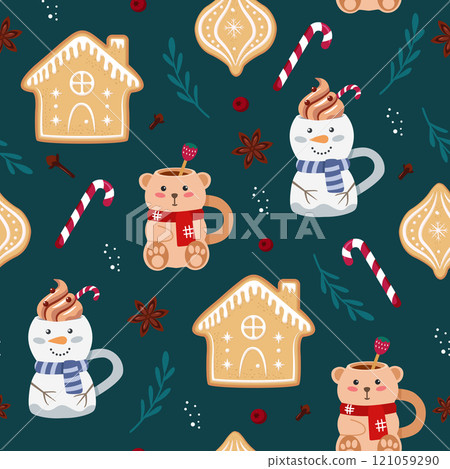 Christmas seamless pattern with cute cups with drinks, gingerbread cookies and candy canes. Cute vector illustration in cartoon style. Christmas seamless pattern with cute cups with drinks, gingerbread cookies and candy canes. Cute vector illustration in cartoon style. 121059290