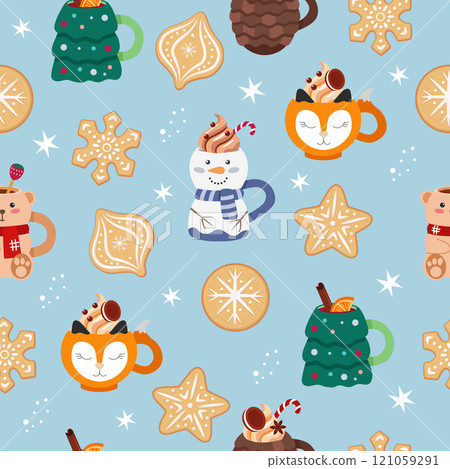 Christmas seamless pattern with cute cups with drinks, gingerbread cookies. Cute vector illustration in cartoon style. Christmas seamless pattern with cute cups with drinks, gingerbread cookies. Cute vector illustration in cartoon style. 121059291
