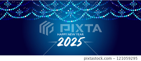 2025 New Year banner. Festive blue background with light decoration. Template with sparkling garlands and snowflakes. 121059295