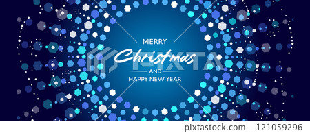 Festive blue background with light decoration. Christmas luxurious template with sparkling garlands and snowflakes. Festive blue background with light decoration. Christmas luxurious template with sparkling garlands and snowflakes. 121059296