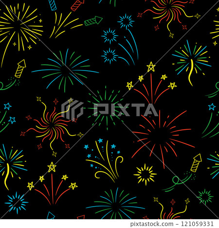 Colorful fireworks with stars and sparks on black background. Vector seamless pattern. Colorful fireworks with stars and sparks on black background. Vector seamless pattern. 121059331