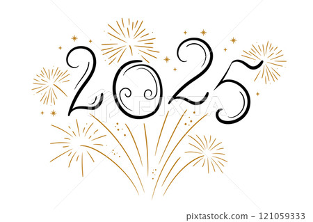 2025 New Year on white background. Golden and black lettering and fireworks. Hand drawn vector illustration. 2025 New Year on white background. Golden and black lettering and fireworks. Hand drawn vector illustration. 121059333
