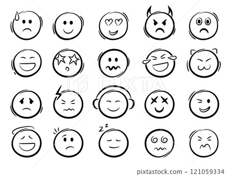 Doodle emoji face icons set. Sketch style ink brush vector signs. 121059334