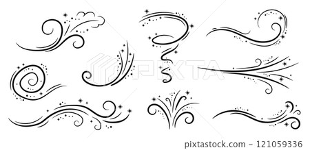 Winter wind doodle illustration set. Frosty curly pattern with snow collection of sketch design elements. Winter wind doodle illustration set. Frosty curly pattern with snow collection of sketch design elements. 121059336
