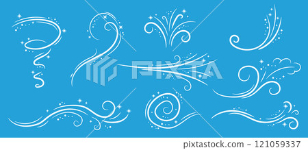 Winter wind doodle illustration set on blue background. Frosty curly pattern with snow collection of sketch design elements. Winter wind doodle illustration set on blue background. Frosty curly pattern with snow collection of sketch design elements. 121059337