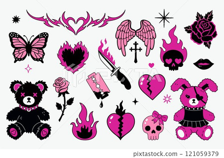 Y2k emo gothic style elements art in 1990s, 2000s style. Vector graphics. 121059379
