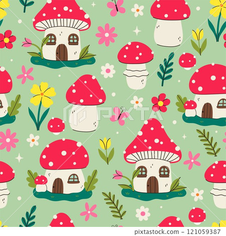 Seamless pattern of fly agarics and fairy houses of fly agarics 121059387