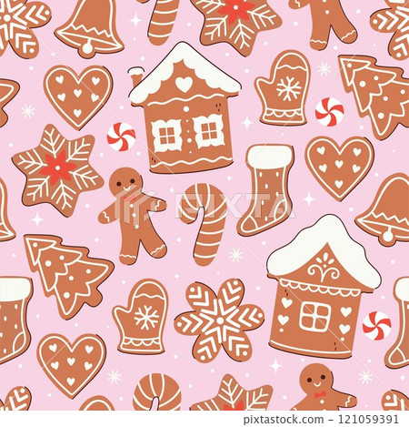 Seamless pattern with Christmas gingerbread cookies of different shapes. Vector graphics. Seamless pattern with Christmas gingerbread cookies of different shapes. Vector graphics. 121059391