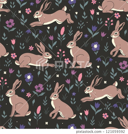 Seamless pattern with hares and flowers on a dark background. Vector graphics. 121059392