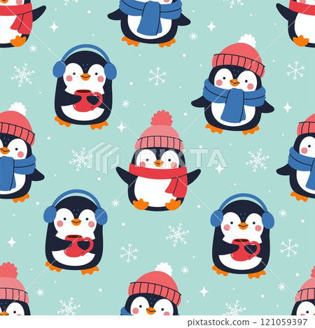 Seamless pattern with penguins wearing hats and scarves. Vector graphics. Seamless pattern with penguins wearing hats and scarves. Vector graphics. 121059397