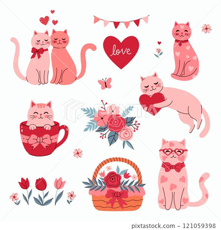 Set of cute cats and flowers for Valentine s Day. Vector graphics. 121059398