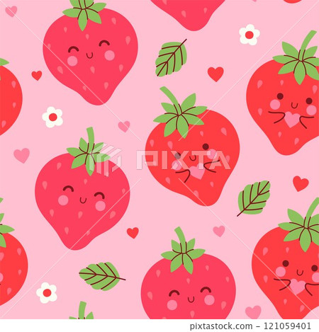 Seamless pattern cute strawberries and hearts. Seamless pattern. 121059401
