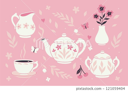 White ceramic tea set sugar bowl, milk jug, mug, teapot and vase of flowers. Vector graphics. 121059404