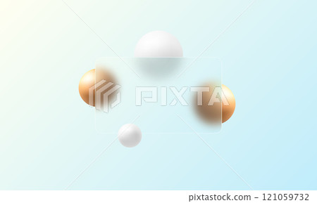 Transparent glass partition with voluminous gold and white spheres. Realistic form of glass morphism. 121059732