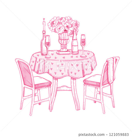 Valentine date dinner, vector watercolor romantic lunch, hand drawn served cafe table, pink cloth.  121059883