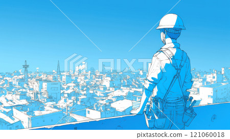 俯瞰城市景觀的建築工人 121060018