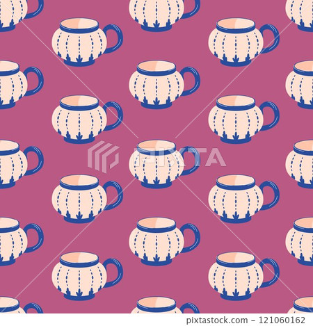 Ceramic tea cups and coffee mugs seamless pattern in flat style. Kitchen crockery with ceramic and porcelain teacup for textile, wrapping paper. 121060162