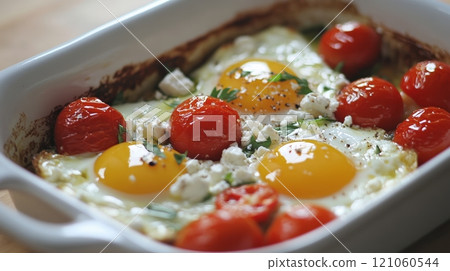 Delicious Baked Eggs with Tomatoes and Feta Cheese, Perfect for Breakfast or Brunch Generative AI 121060544