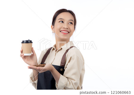 Portrait young asian barista woman wearing apron holding beans coffee and coffee cup isolated. Portrait young asian barista woman wearing apron holding beans coffee and coffee cup isolated. 121060663