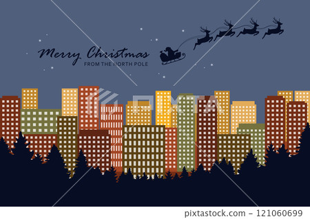 christmas banner santa claus in a sleigh with reindeer in the city vector illustration 121060699