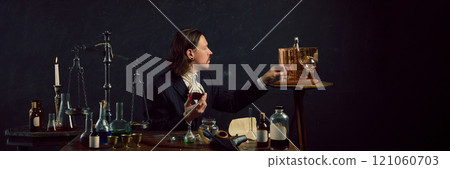 Mysterious figure, doctor sits amidst vintage lab equipment, appearing to carefully measure ingredients, possibly elixir or alcohol. Mysterious figure, doctor sits amidst vintage lab equipment, appearing to carefully measure ingredients, possibly elixir or alcohol. 121060703