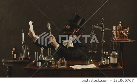 Plague doctor thoughtfully reads recipe, appointment to make ideal medicine for recovery in vintage laboratory against dark mystery background. Plague doctor thoughtfully reads recipe, appointment to make ideal medicine for recovery in vintage laboratory against dark mystery background. 121060707