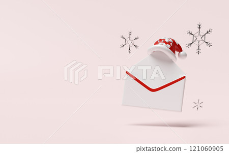 3d open envelope with Santa Claus hat, snowflake isolated on pink background. happiness cards, merry christmas, festive New Year, 3d render illustration 121060905