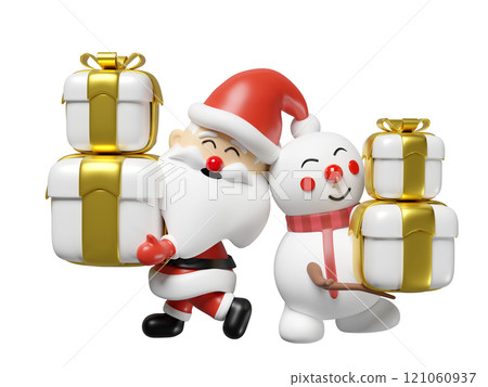3d santa claus and snowman holding gift box isolated. happiness cards, merry christmas, festive New Year, 3d render illustration 3d santa claus and snowman holding gift box isolated. happiness cards, merry christmas, festive New Year, 3d render illustration 121060937