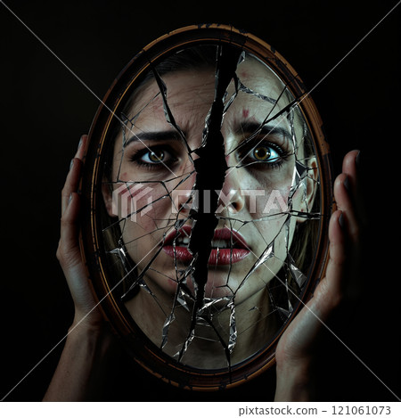 Caucasian female adult reflecting in cracked mirror with emotional expression 121061073