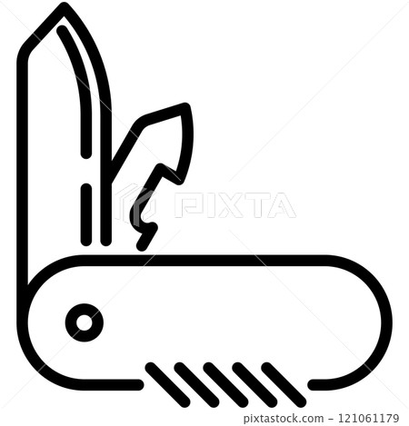 Penknife line icon. Multitool outline vector sign. Folding knife with corkscrew and bottle opener linear style pictogram. Pocketknife tool symbol, logo illustration. Editable stroke. 121061179