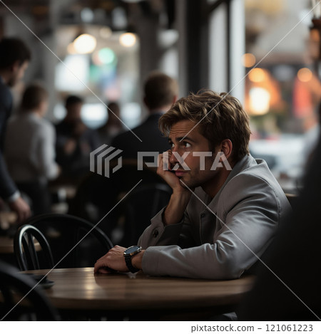 Young caucasian male in thoughtful moment at a busy cafe setting Young caucasian male in thoughtful moment at a busy cafe setting 121061223