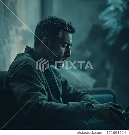 Pensive mature caucasian male in thoughtful indoor setting Pensive mature caucasian male in thoughtful indoor setting 121061224