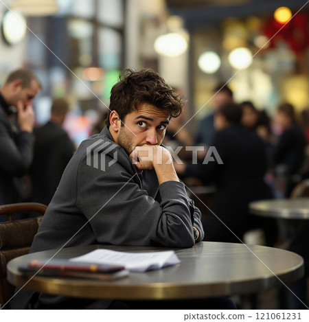 Young caucasian male thinking in bustling cafe 121061231