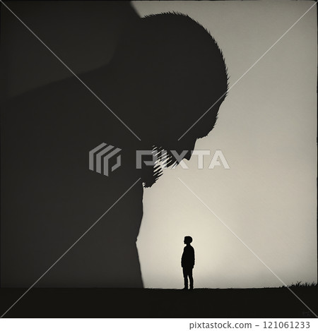 Silhouette of enormous creature facing lone child at dusk 121061233
