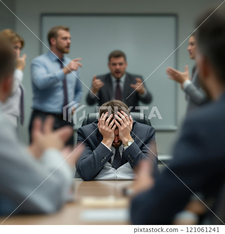 Stressed caucasian male adult surrounded by arguing colleagues in office meeting 121061241