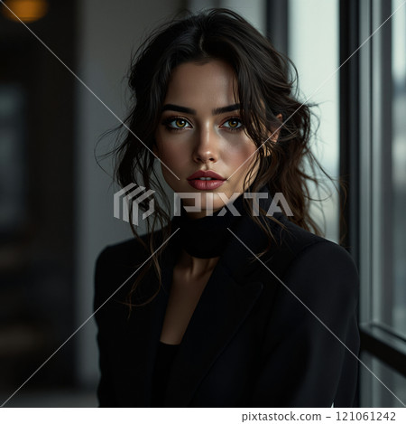 Elegant young hispanic female in black outfit posing by window 121061242