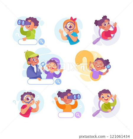 Search with Boy and Girl with Browser Field and Magnifier Vector Illustration Set 121061434