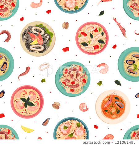 Seafood Dish Seamless Pattern Design with Served Meal Vector Template Seafood Dish Seamless Pattern Design with Served Meal Vector Template 121061493