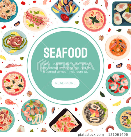 Seafood Dish Banner Design with Served Meal Vector Template 121061496