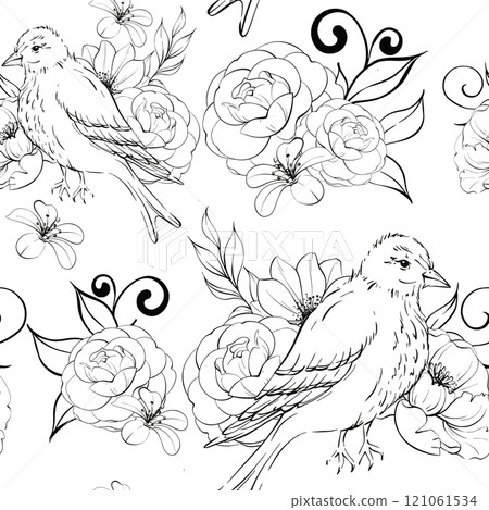 Victorian bird and roses with Curl. Romantic peony. Background, seamless pattern. Vintage flowers, botanical arrangement. For greeting cards, wedding, fabric, printing. Graphic vector line, hand drawn Victorian bird and roses with Curl. Romantic peony. Background, seamless pattern. Vintage flowers, botanical arrangement. For greeting cards, wedding, fabric, printing. Graphic vector line, hand drawn 121061534