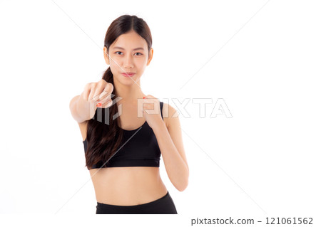 Portrait young asian woman in sportswear exercise with cardio pose while punch isolated. 121061562