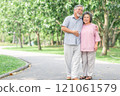 Happy senior couple walking in the park 121061579