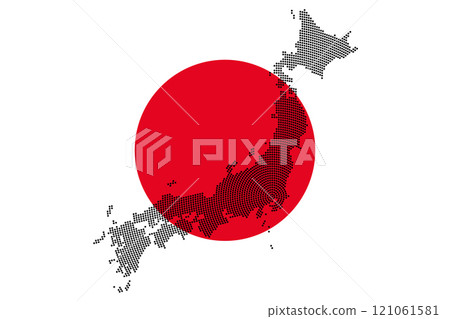 Dotted Japan silhouette against the national flag. Silhouette of Japan, generated from radially distributed black dots, emanating from the capital Tokyo, on a crimson-red rising sun on a white field. Dotted Japan silhouette against the national flag. Silhouette of Japan, generated from radially distributed black dots, emanating from the capital Tokyo, on a crimson-red rising sun on a white field. 121061581