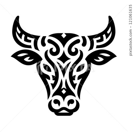 A cow's head drawn in the style of Polynesian art. Isolated on white symmetrical vector illustration. AI-generated 121061635