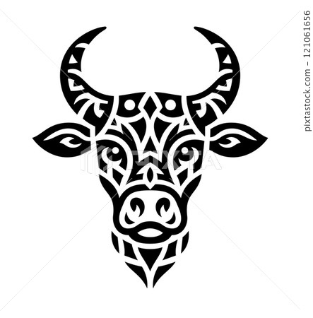 Decorative black and white cow head emblem. Geometric vector illustration. AI-generated icon. 121061656