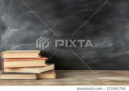 A Collection of Colorful Books Resting on a Wooden Table in a Bright Classroom with a Black Chalkboard in the Background 121061760