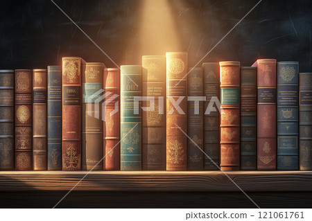 A Colorful Collection of Antique Books Displayed on a Wooden Table in an Inviting Classroom Setting with Warm Natural Light 121061761