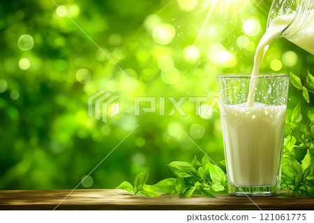 Fresh Milk Pouring into a Clear Glass on a Rustic Wooden Table Surrounded by Natural Greenery and Soft Light 121061775